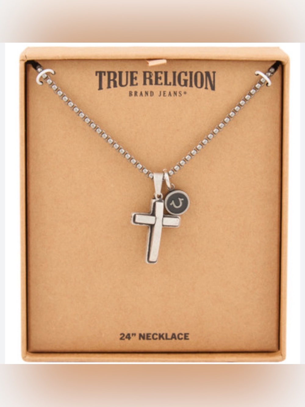 NEW True Religion Men’s Silver 24” Cross Pendant Necklace with Logo Charm